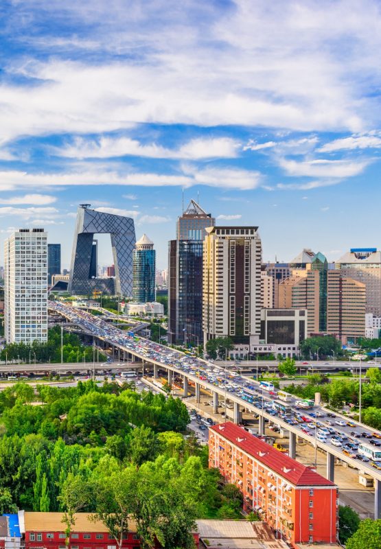 Beijing, China cityscape and financial district at dusk.